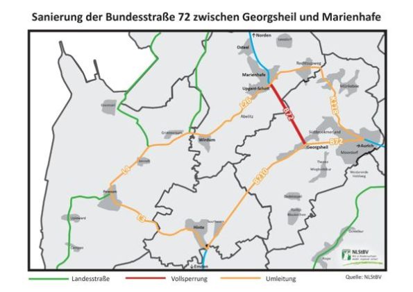 Umleitungsempfehlung wg. Sanierungsarbeiten der B72 Georgsheil und Marienhafe 2024